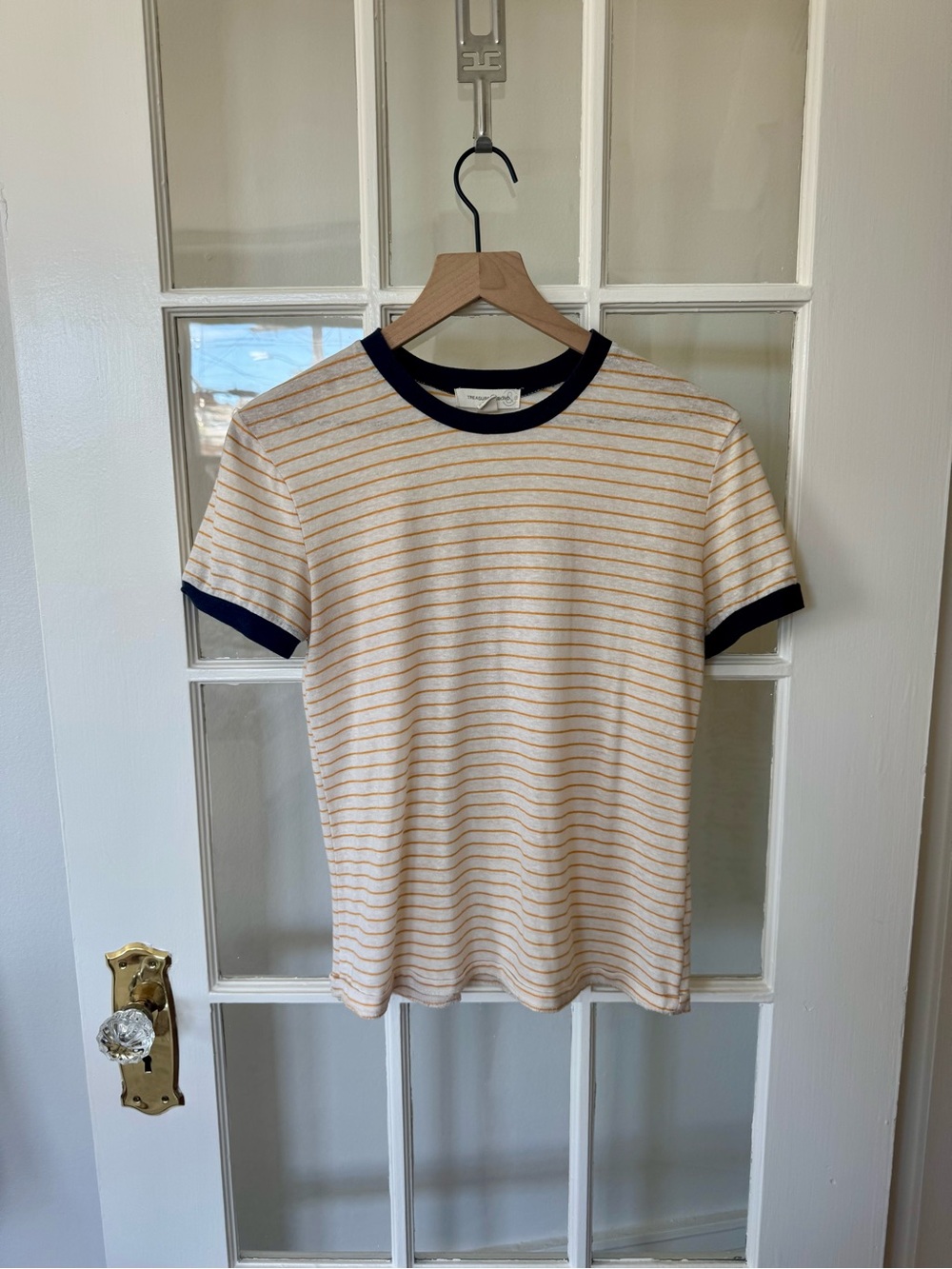 Treasure & Bond Off-White Gold Yellow and Navy Striped Preppy Ringer Tee - Picture 5 of 6